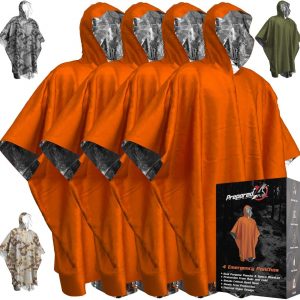 Emergency Blankets & Rain Poncho Hybrid Survival Gear and Equipment – Tough, Waterproof Camping Gear Outdoor Blanket – Retains 90% of Heat + Reflective Side for Increased Visibility – 4 Pack (Orange): Home & Kitchen